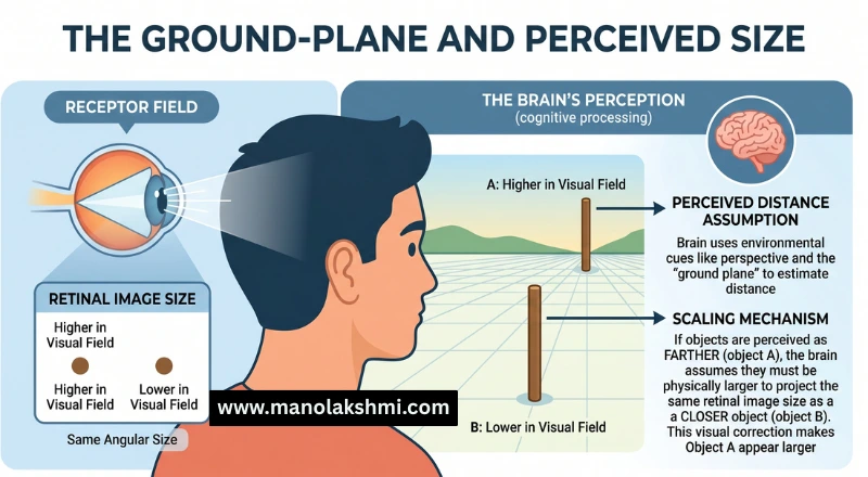 Why do objects seem larger when they are lower in the visual field