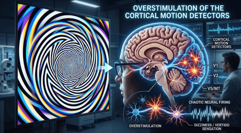 What creates the feeling of dizziness in spiralling illusions? 