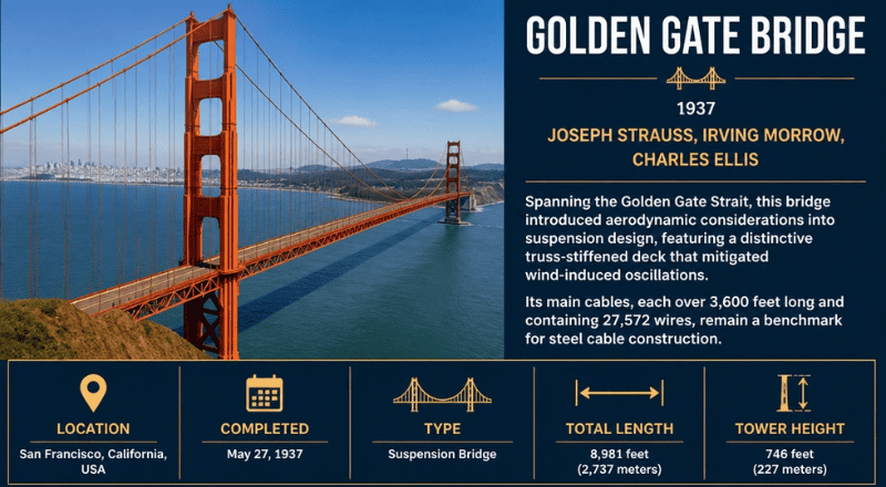 Golden Gate Bridge (1937, Joseph Strauss, Irving Morrow, Charles Ellis)