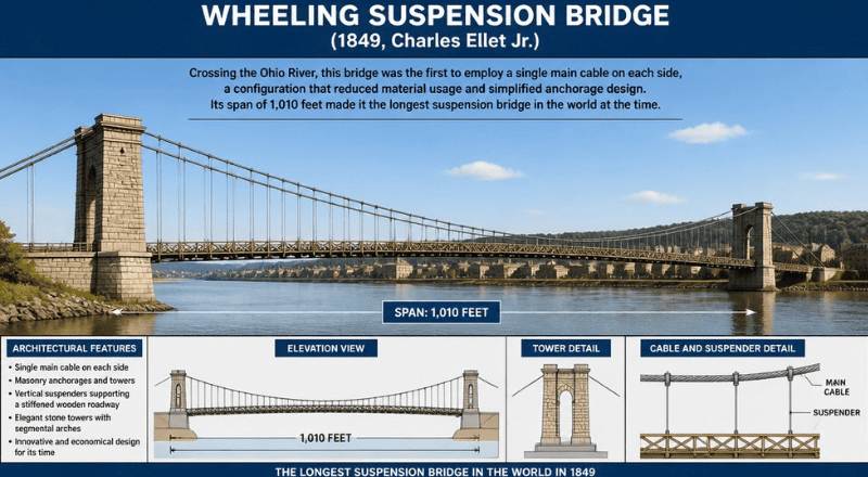 Wheeling Suspension Bridge (1849, Charles Ellet Jr.)
